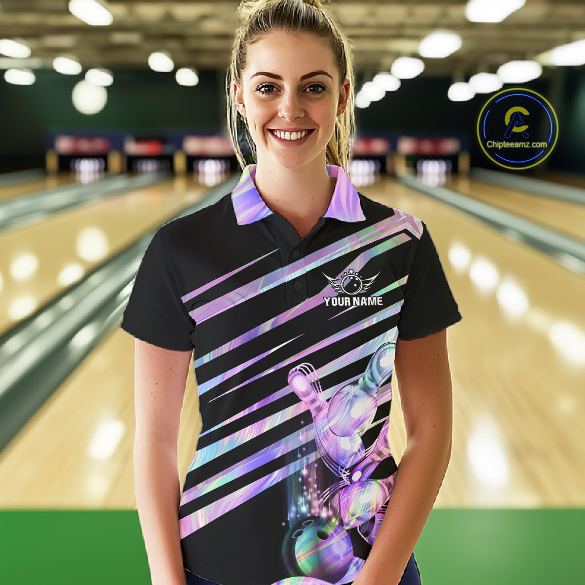 Woman wearing personalized holographic bowling team jersey polo shirt featuring holographic bowling artwork, front view.
