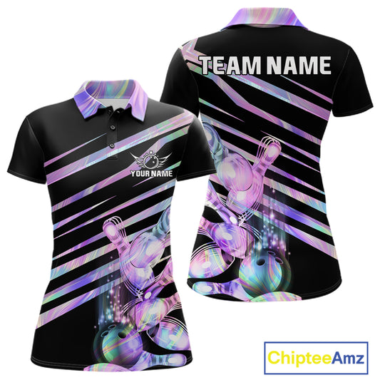 Personalized holographic bowling team jersey polo shirt for women featuring vibrant holographic bowling artwork, premium custom bowling league apparel.