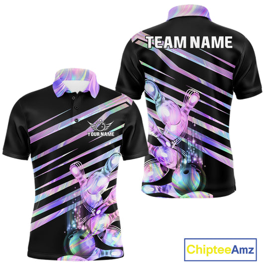Personalized holographic bowling team jersey polo shirt for men featuring vibrant holographic bowling artwork, premium custom bowling league apparel.