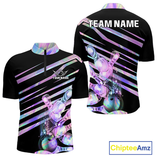 Personalized holographic bowling team jersey quarter zip shirt for men featuring colorful holographic bowling graphics, premium custom bowling apparel.
