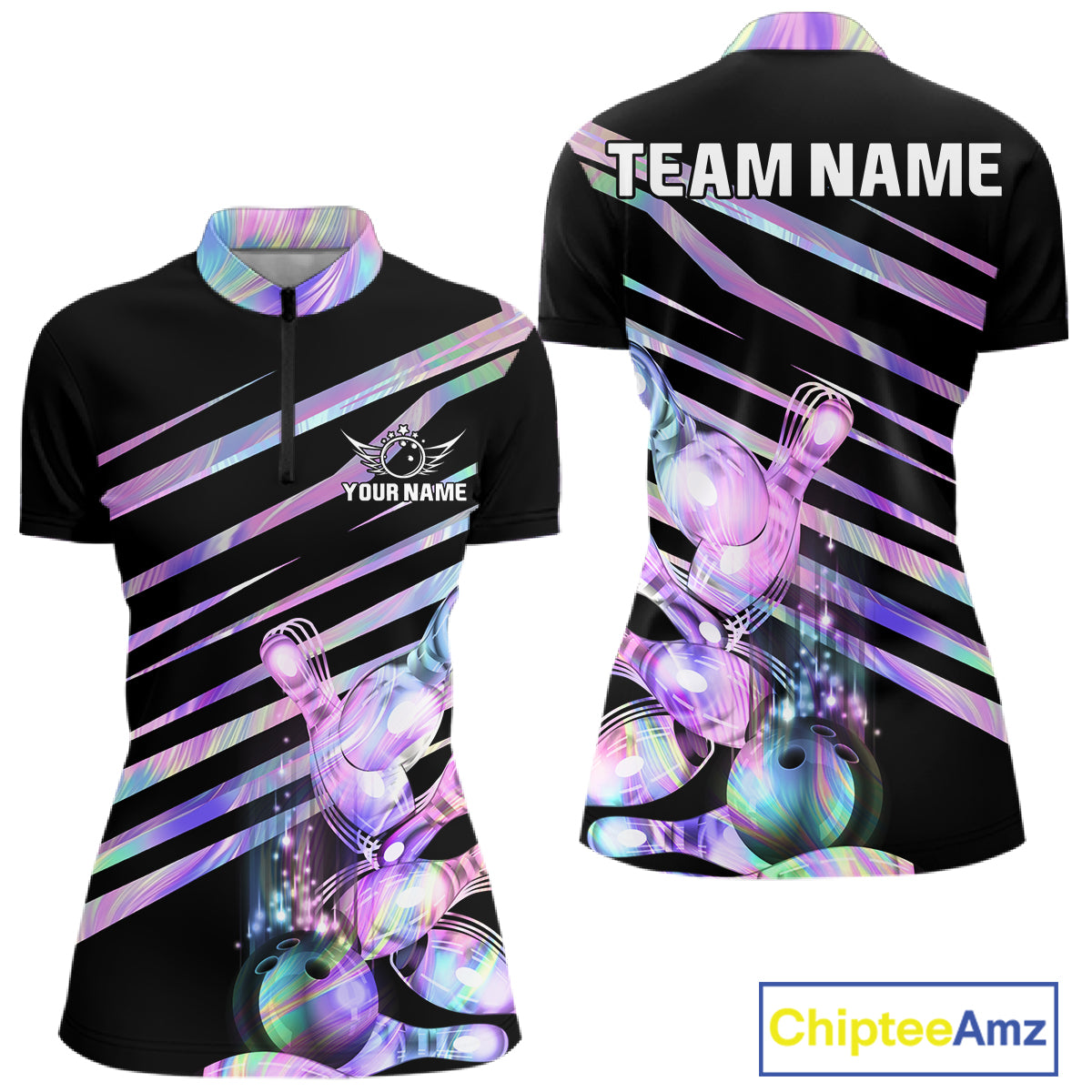 Personalized holographic bowling team jersey quarter zip shirt for women featuring colorful holographic bowling graphics, premium custom bowling apparel.