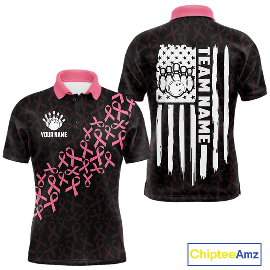 Pink ribbon American flag bowling team jersey polo shirt for men featuring patriotic USA flag and breast cancer awareness ribbon artwork, premium custom bowling apparel.