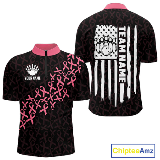 Pink ribbon American flag bowling team jersey quarter zip shirt for men featuring patriotic American flag and breast cancer awareness ribbon artwork.