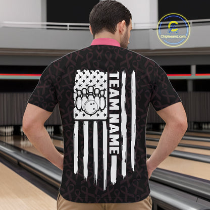 Man wearing pink ribbon American flag bowling team jersey quarter zip shirt featuring breast cancer awareness artwork, back view.