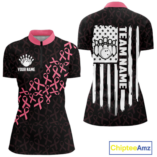 Pink ribbon American flag bowling team jersey quarter zip shirt for women featuring patriotic American flag and breast cancer awareness ribbon artwork.