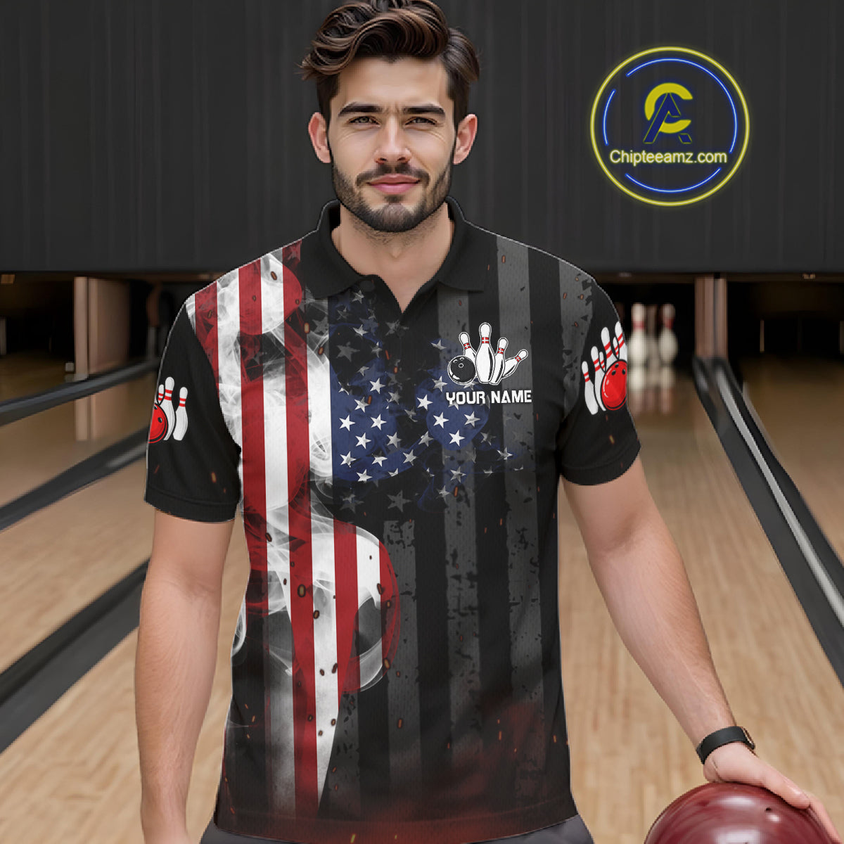 Man wearing personalized vintage smoke American flag bowling team jersey polo shirt featuring patriotic USA flag artwork, front view.