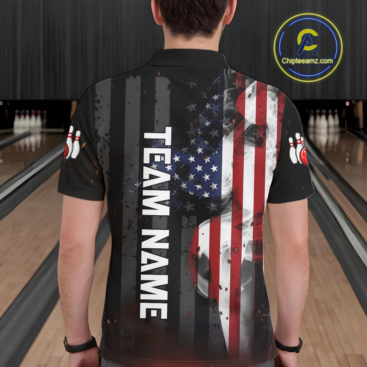 Man wearing personalized vintage smoke American flag bowling team jersey polo shirt featuring patriotic USA flag artwork, back view.