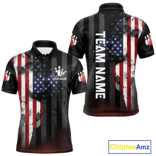 Personalized vintage smoke American flag bowling team jersey polo shirt for men featuring distressed USA flag and smoky vintage artwork, premium patriotic bowling league apparel.