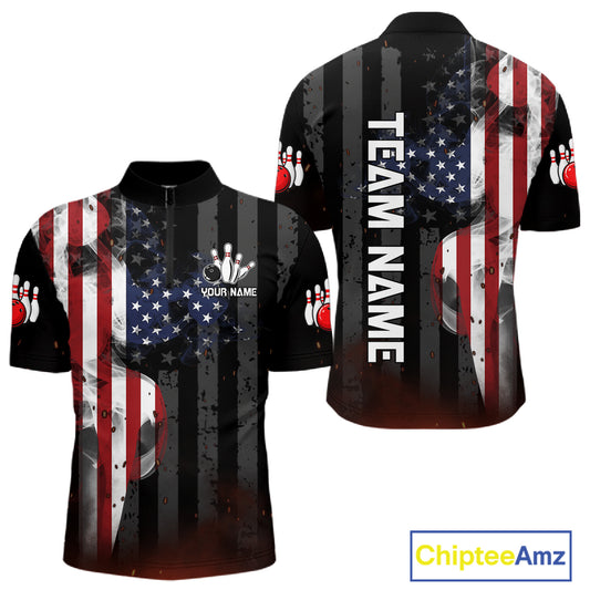 Personalized vintage smoke American flag bowling team jersey quarter zip shirt for men featuring distressed USA flag and smoky vintage artwork, premium custom bowling apparel.