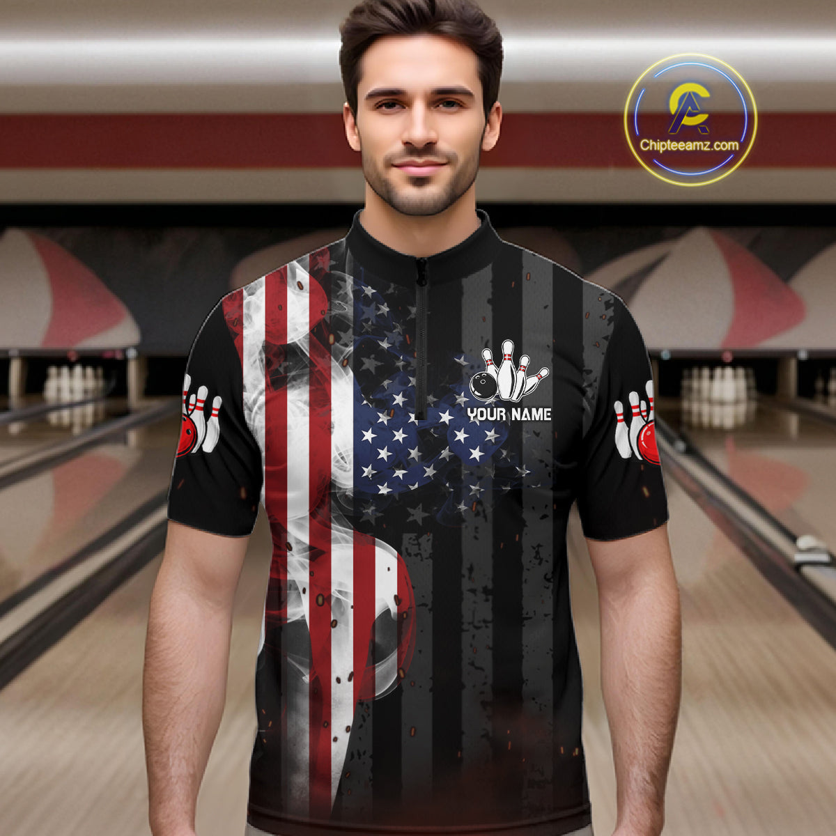 Man wearing personalized vintage smoke American flag bowling team jersey quarter zip shirt featuring patriotic USA flag artwork, front view.