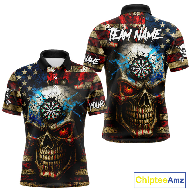 Personalized Vintage American Flag Skull Darts Shirt For Men, Patriotic Darts League Team Jersey TDM4708
