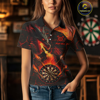Personalized Fire Flame Dragon Darts Shirt For Women Custom Darts League Jersey Team Polo & 1/4 Zip TDM4902