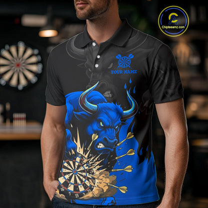 Black And Blue Funny Bull Darts Shirt For Men Custom Dart Jersey Team Polo & 1/4 Zip TDM5125