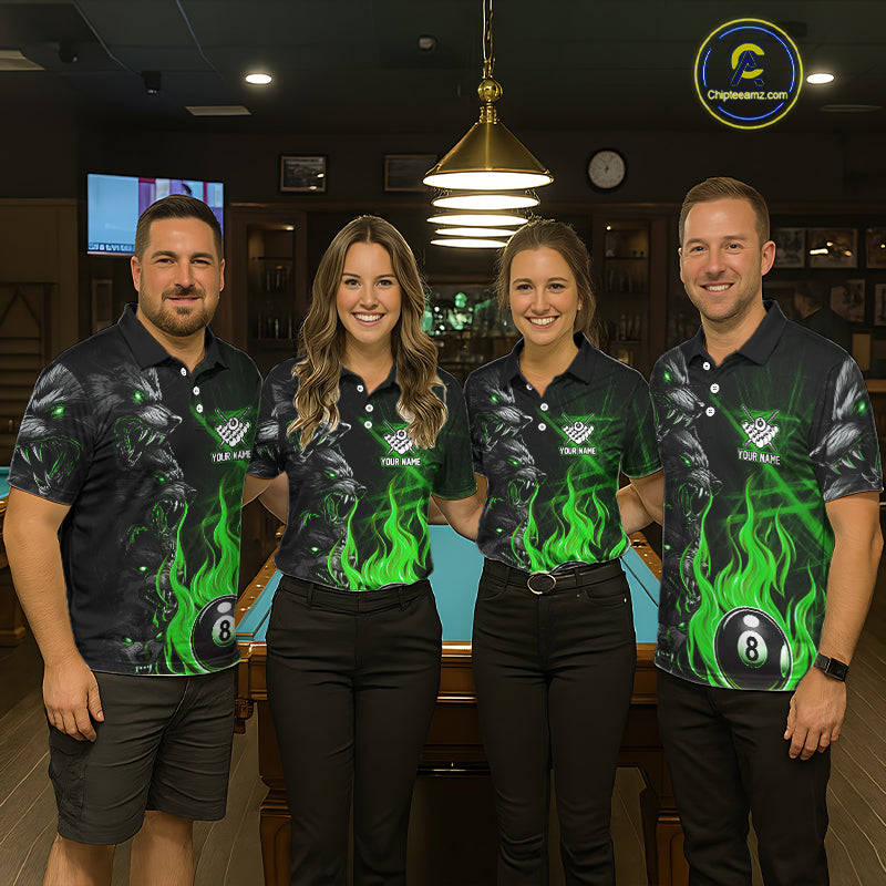 Personalized Wolf Flaming 8 Ball Pool Fire Men Billiard Shirts Team League Billiard Jerseys |Green TDM5596