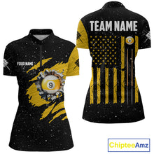Load image into Gallery viewer, Yellow Black Grunge American Flag 9 Ball Women's Billiard Shirt Custom 9 Ball Pool Team Jersey TDM5599