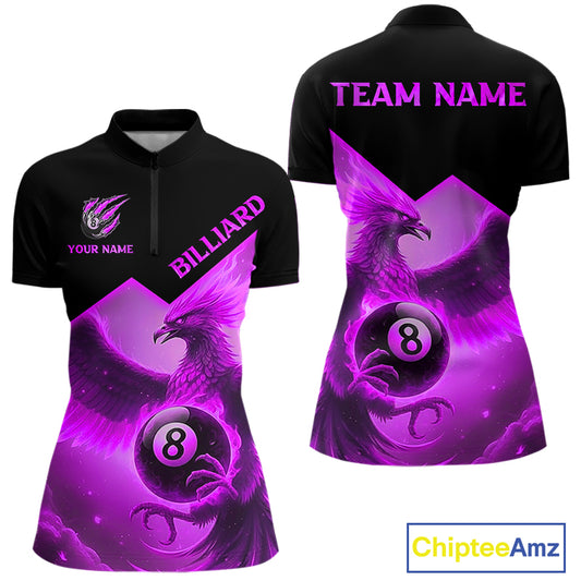 Purple 8 Ball Flame Phoenix Billiard Shirt For Women Custom Pool Team Jersey Polo & Quarter Zip TDM5605