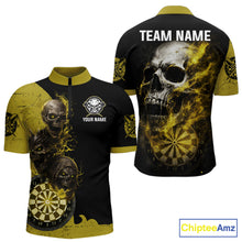 Load image into Gallery viewer, Personalized Yellow Black Skull Smoke Darts Shirt For Men Custom Darts Team Jersey Polo &amp;1/4 Zip TDM5837
