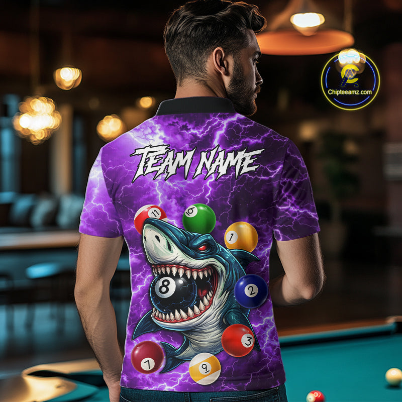 Purple Funny Shark Colorful Billiard Balls Lightning Pool Shirt For Men Custom Billiard Team Jersey TDM5840