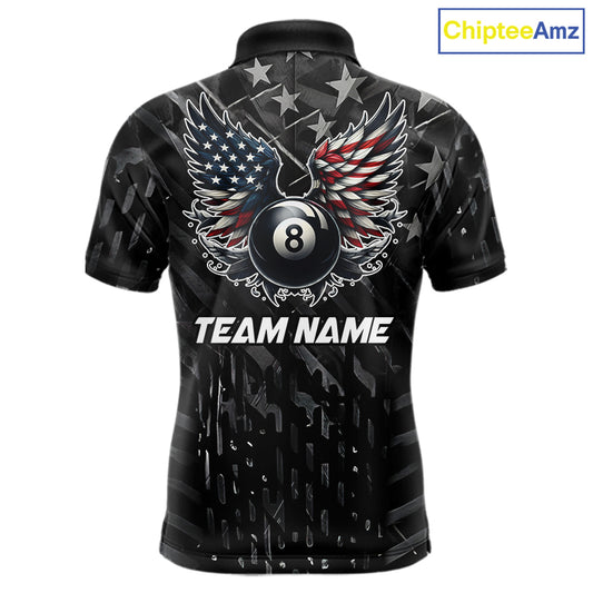 Black US Flag 8 Ball Pool Wings Billiard Shirt For Men Custom Billiard Team Jersey Polo & 1/4 Zip TDM5977
