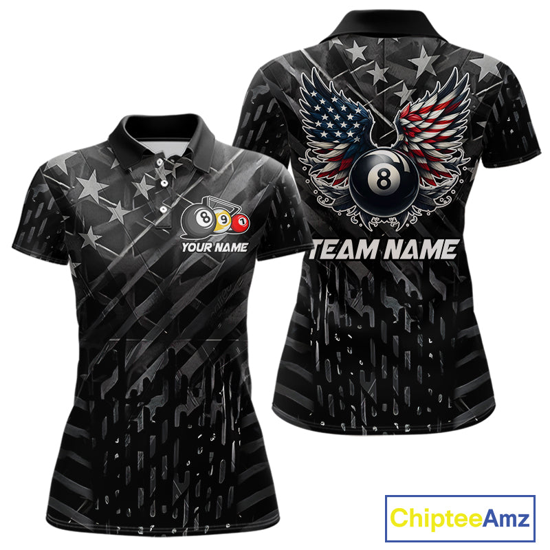 Black US Flag 8 Ball Pool Wings Billiard Shirt For Women Custom Billiard Team Jersey Polo & 1/4 Zip TDM5977