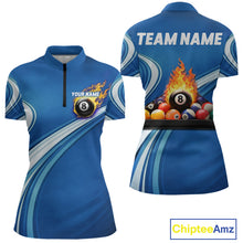 Load image into Gallery viewer, Personalized Blue Billiard Jersey For Women Custom Flame 8 Ball Pool Billiard Shirt Polo &amp; 1/4 Zip TDM6448