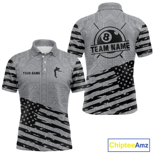 Personalized Grey US Flag 8 Ball Billiard Shirt For Men Custom Billiard Team Shirt, Pool Jerseys TDM4903