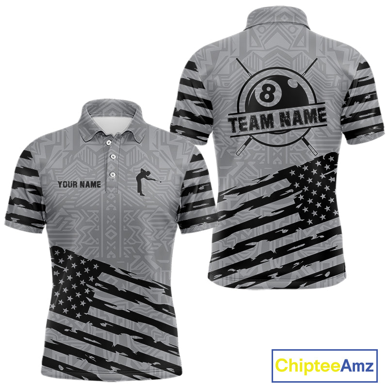 Personalized Grey US Flag 8 Ball Billiard Shirt For Men Custom Billiard Team Shirt, Pool Jerseys TDM4903