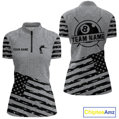 Personalized Grey US Flag 8 Ball Billiard Shirt For Women Custom Billiard Team Shirt, Pool Jerseys TDM4903