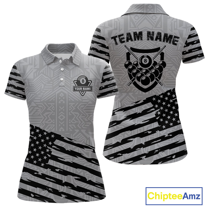 Personalized Grey US Flag 8 Ball Billiard Shirt For Women Custom Patriotic Billiard Pool Jerseys TDM4904