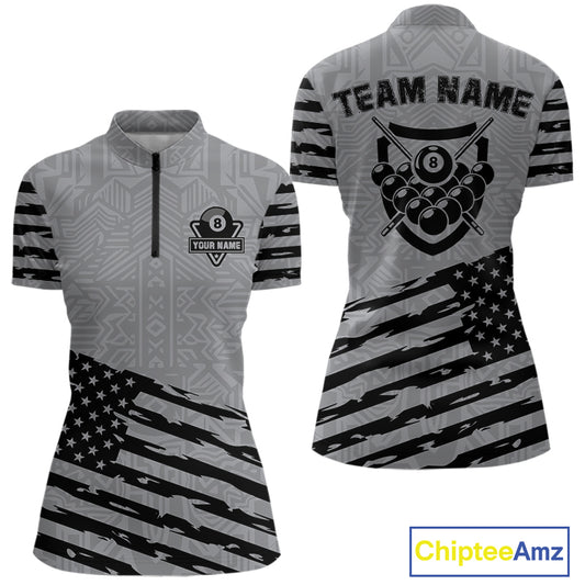 Personalized Grey US Flag 8 Ball Billiard Shirt For Women Custom Patriotic Billiard Pool Jerseys TDM4904