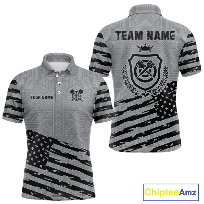 Personalized Grey US Flag Darts Shirt For Men Custom Darts Jersey, Darts Tournament Team Shirts TDM4905