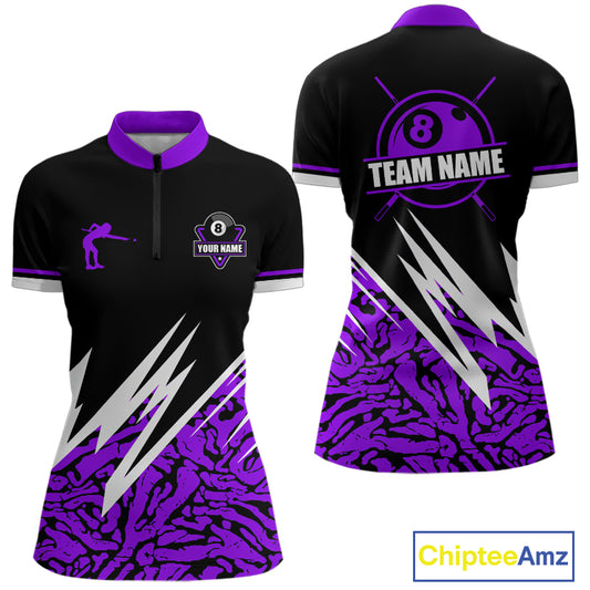 Personalized 8 Ball Billiard Jersey For Women Custom Black And Purple Pool Team Shirt Polo & 1/4 Zip TDM5340