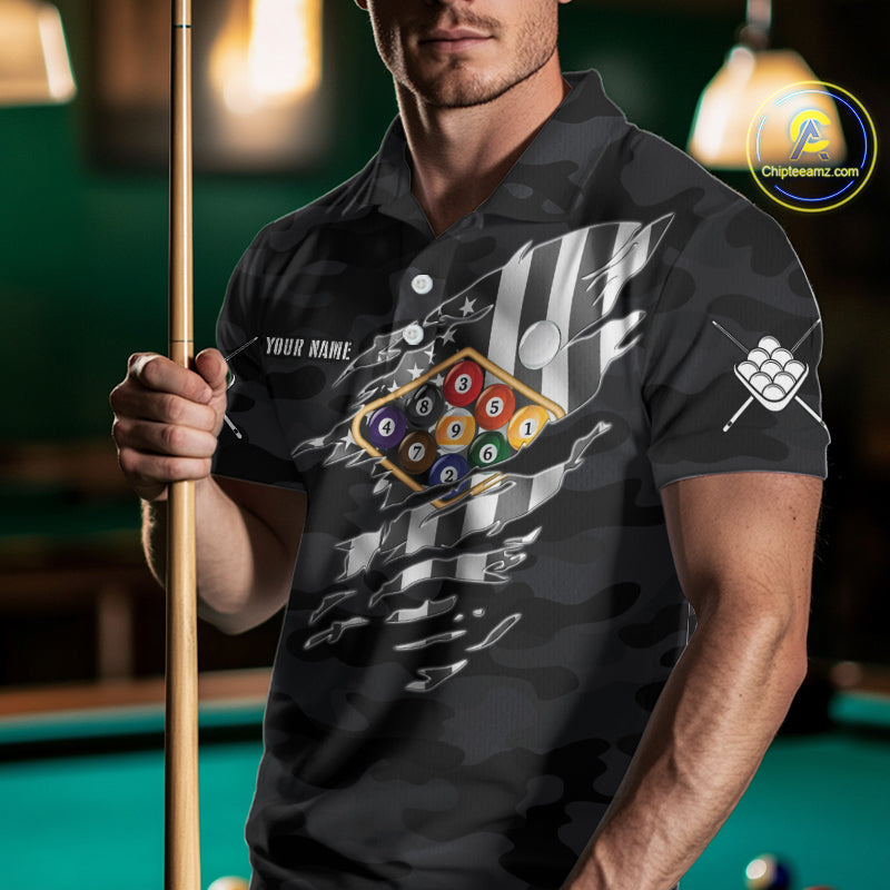 Personalized Camouflage US Flag Billiard Shirt For Men, 9 Ball Pool Team Jersey Polo & 1/4 Zip TDM5992