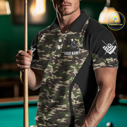 Personalized Green Camo Skull Billiard Shirt For Men, 8 Ball Billiard Team Jersey Polo & 1/4 Zip TDM5993