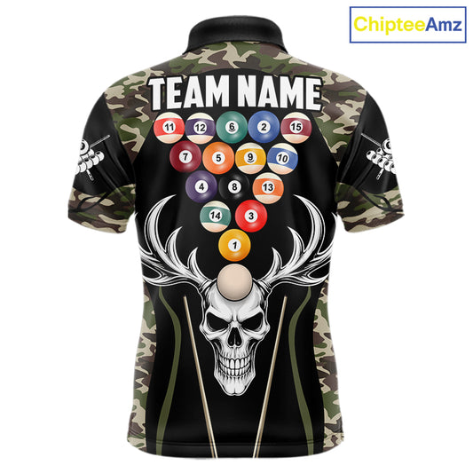 Personalized Green Camo Skull Billiard Shirt For Men, 8 Ball Billiard Team Jersey Polo & 1/4 Zip TDM5993