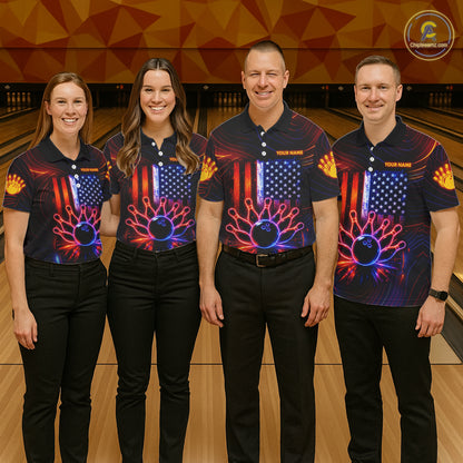 Custom Neon American Flag Bowling Shirt For Men, Patriotic Bowling Team Jersey Polo & 1/4 Zip TDM6221