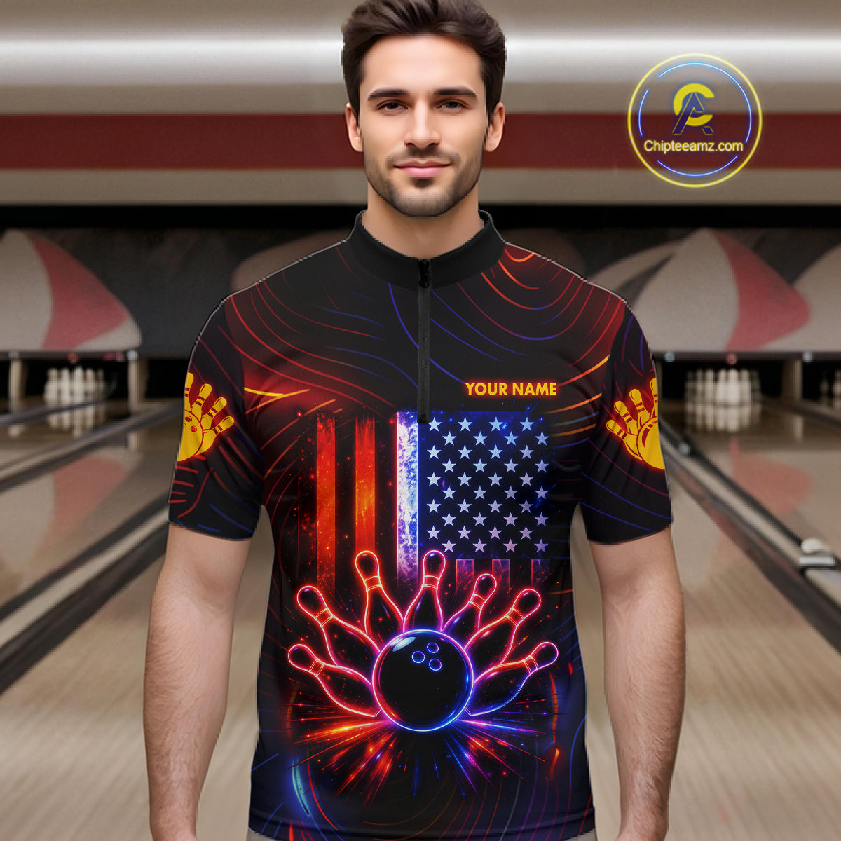 Custom Neon American Flag Bowling Shirt For Men, Patriotic Bowling Team Jersey Polo & 1/4 Zip TDM6221