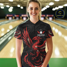 Load image into Gallery viewer, Woman wearing black and red phoenix wings bowling quarter zip shirt front view.