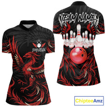 Load image into Gallery viewer, Black and red phoenix wings bowling quarter zip shirt for women.