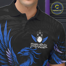 Load image into Gallery viewer, Close up of black and blue phoenix wings bowling polo shirt collar, buttons and chest design.