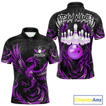 Load image into Gallery viewer, Black and purple phoenix wings bowling polo shirt for men, custom bowling team jersey.