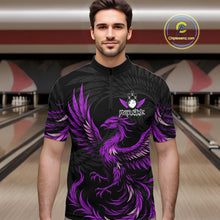Load image into Gallery viewer, Man wearing black and purple phoenix wings bowling quarter zip shirt front view.