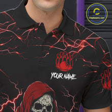 Load image into Gallery viewer, Close up of black and red grim reaper lightning bowling polo shirt collar, buttons and chest design.