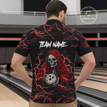 Load image into Gallery viewer, Man wearing black and red grim reaper lightning bowling quarter zip shirt back view.