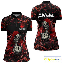 Load image into Gallery viewer, Black and red grim reaper lightning bowling quarter zip shirt for women.