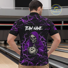 Load image into Gallery viewer, Man wearing purple grim reaper lightning bowling quarter zip shirt back view.