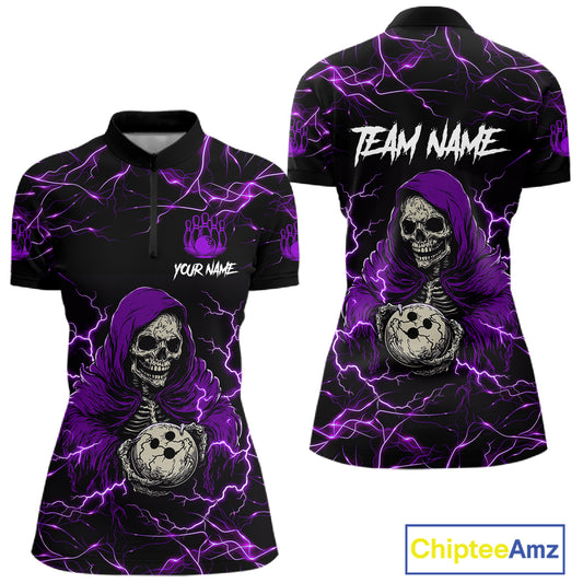 Purple grim reaper lightning bowling quarter zip shirt for women.