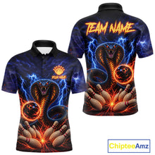Load image into Gallery viewer, Blue lightning cobra bowling team polo shirt for men with fire cobra design.
