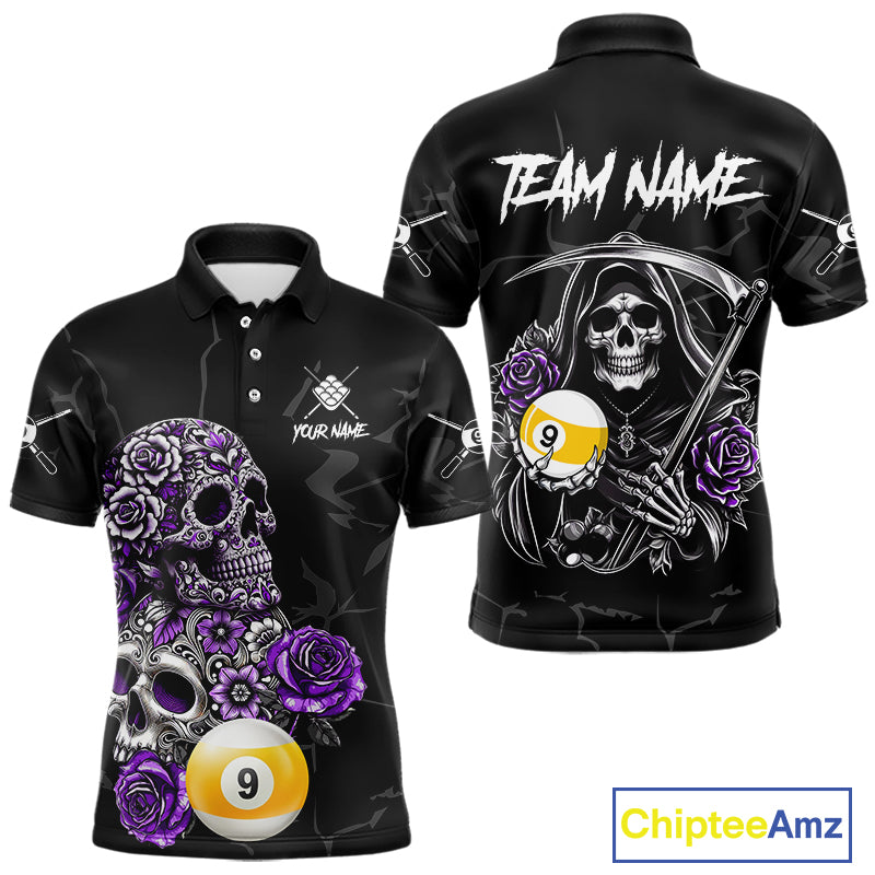 Personalized Purple Funny Skull Roses 9 Ball Billiard Shirt For Men Custom Pool Team Shirt Design TDM4478