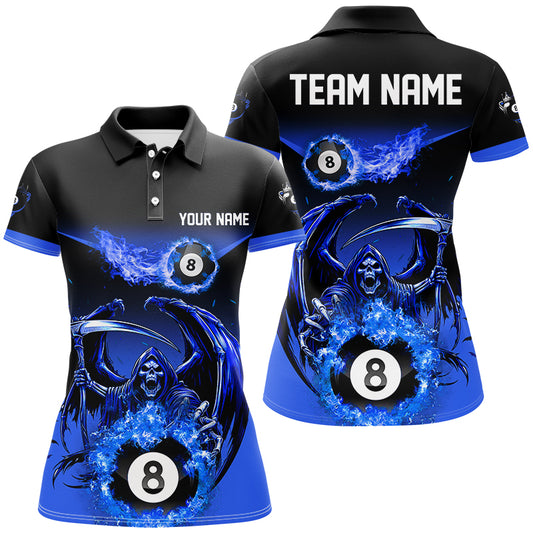Blue Grim Reaper Flame 8 Ball Pool Billiard Shirts For Women Custom Billiard League Team Jerseys TDM2646